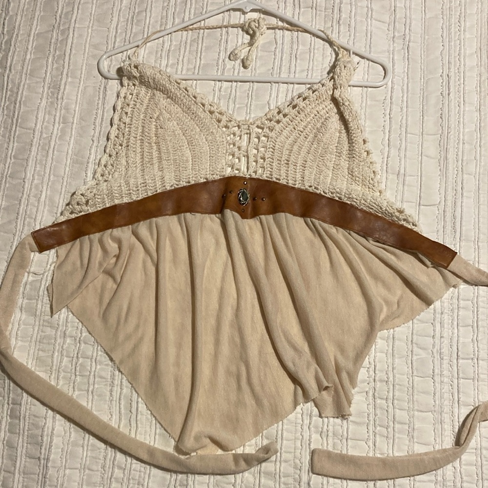 Boho Crochet and Leather Halter Top